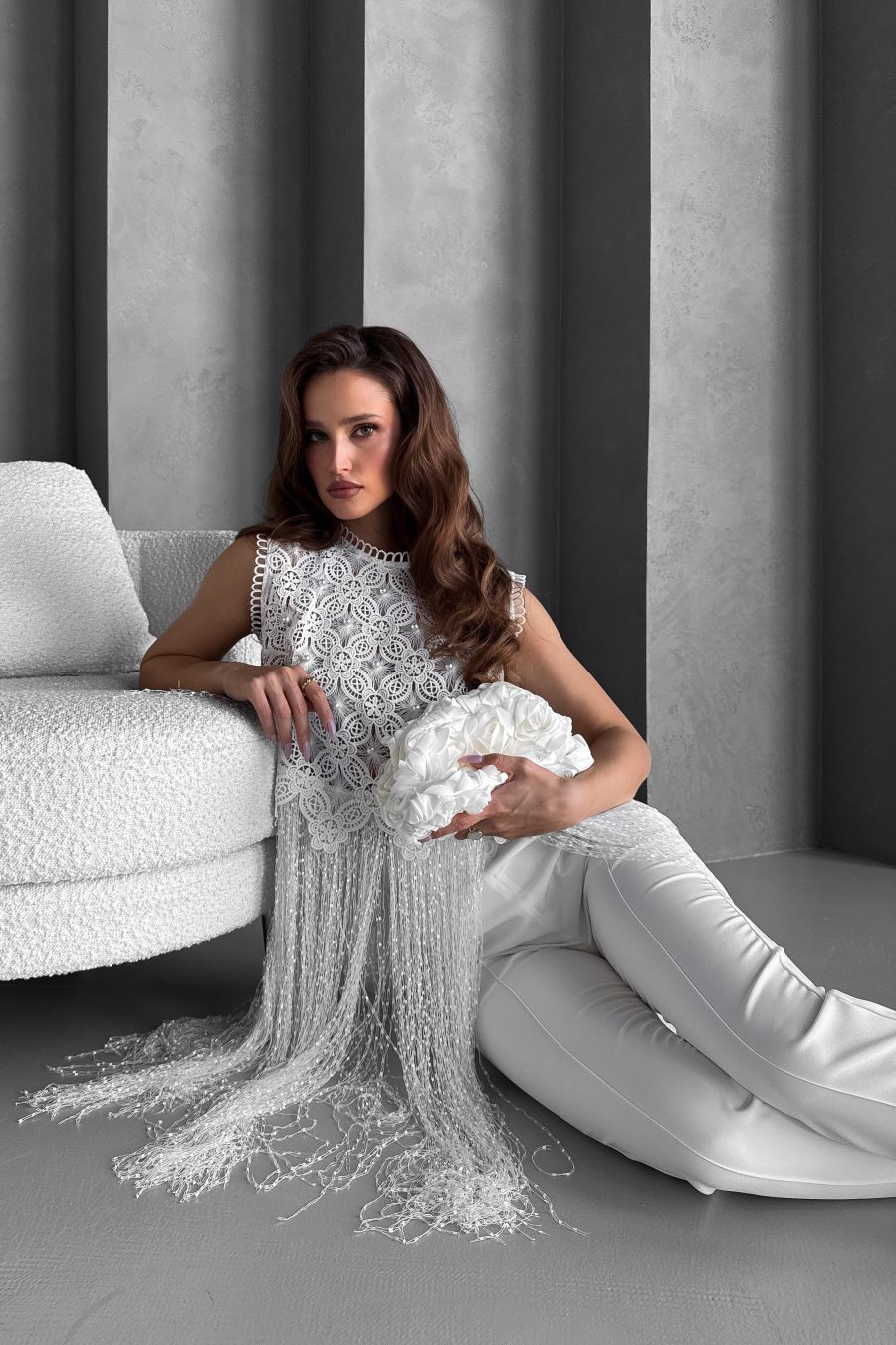 Lace crop top with pearls, with designer fringe