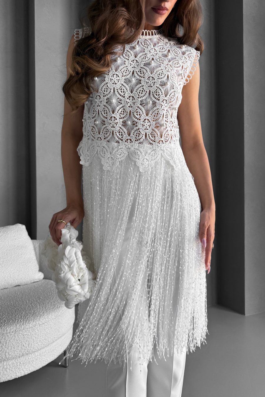 Lace crop top with pearls, with designer fringe