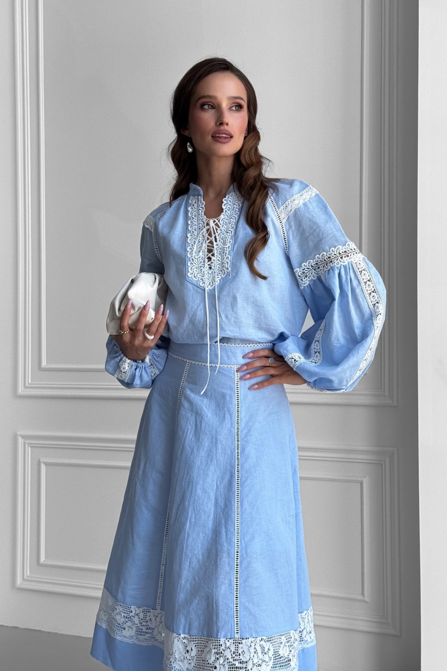Linen blouse Vyshyvanka with raglan sleeves, with white lace