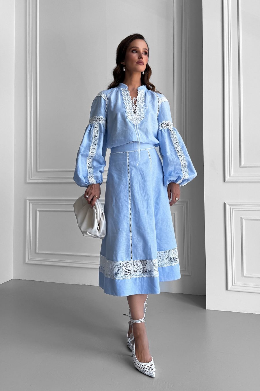 Linen blouse Vyshyvanka with raglan sleeves, with white lace