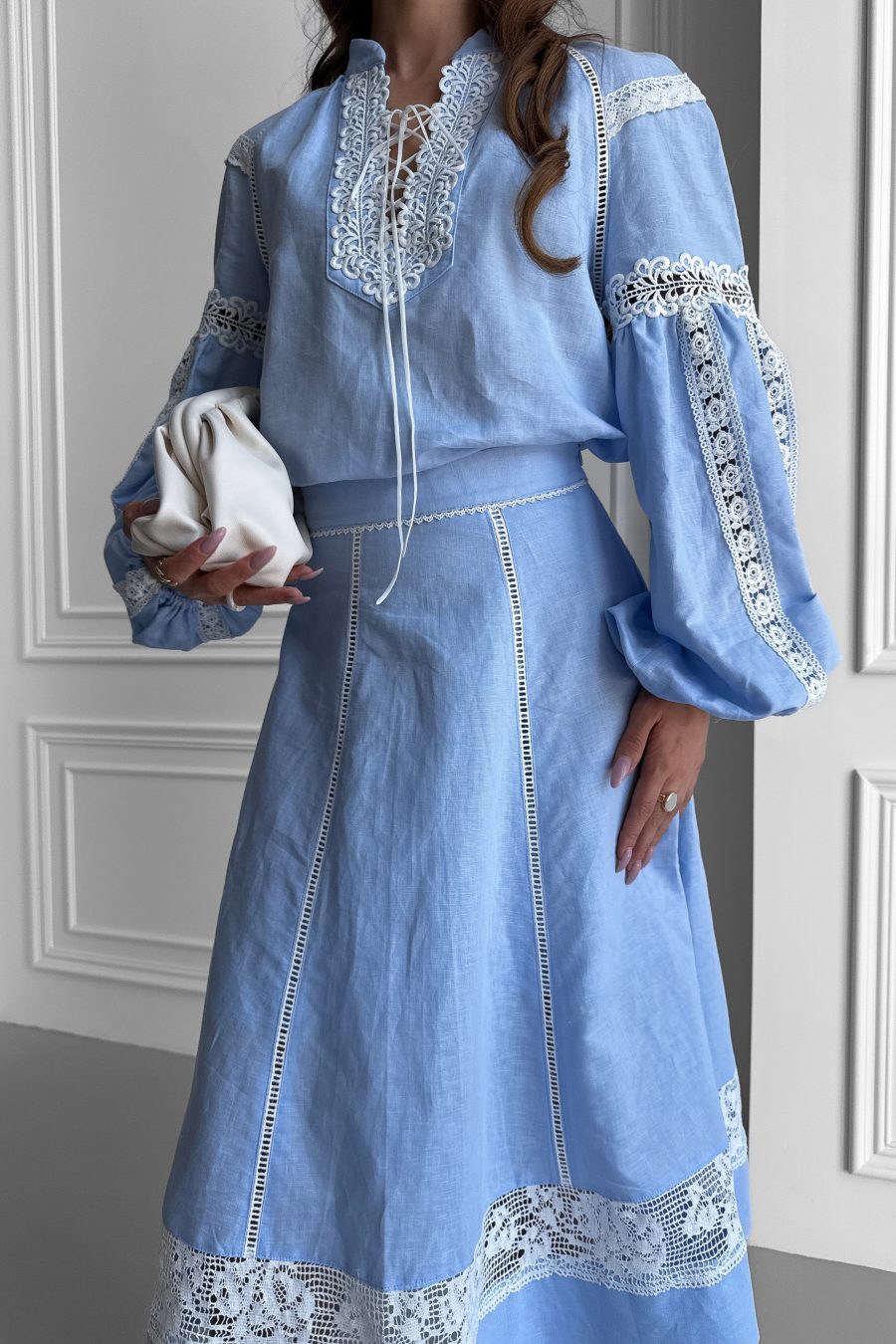 Linen blouse Vyshyvanka with raglan sleeves, with white lace