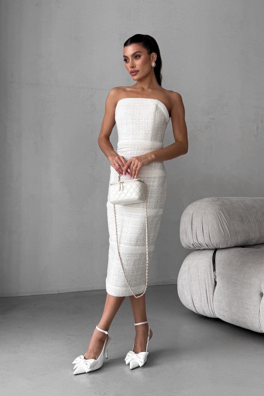 Tweed midi bustier dress with corset and pearl trim