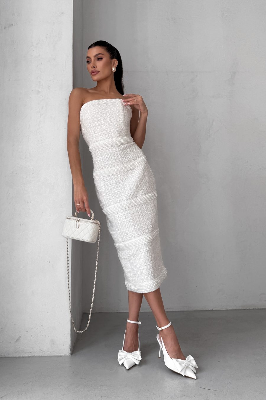 Tweed midi bustier dress with corset and pearl trim