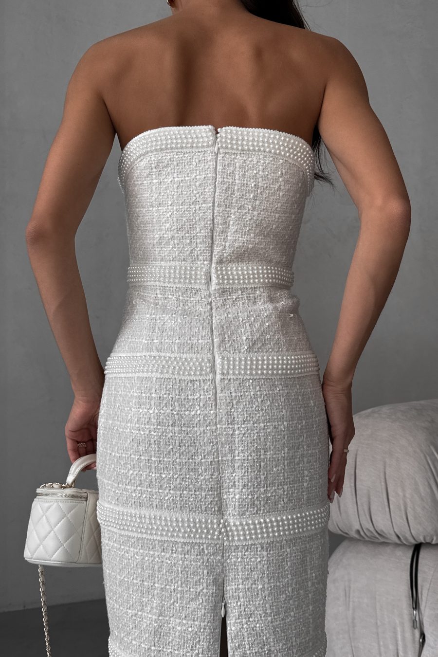 Tweed midi bustier dress with corset and pearl trim