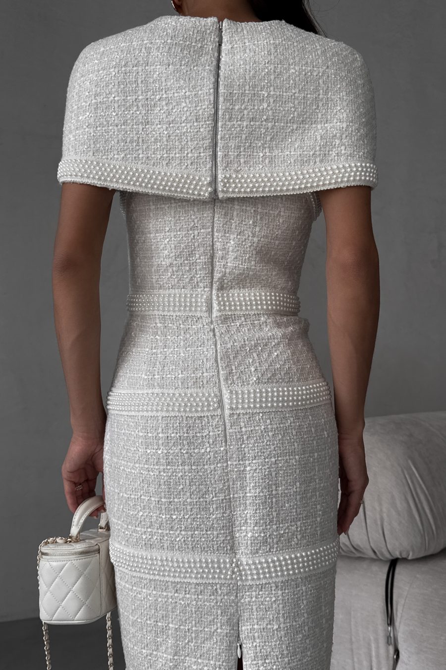 Tweed cape with pearl trim