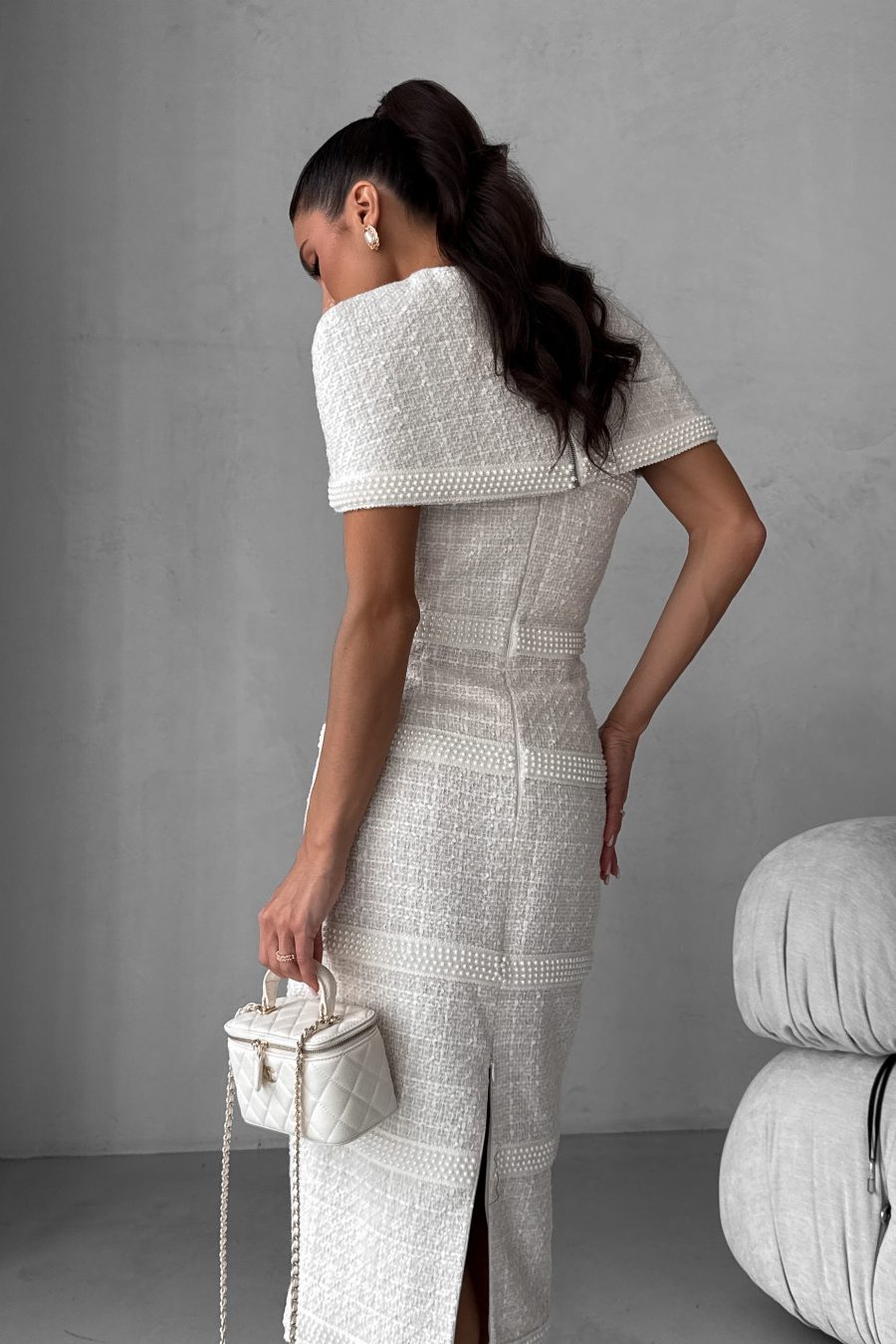 Tweed midi bustier dress with corset and pearl trim