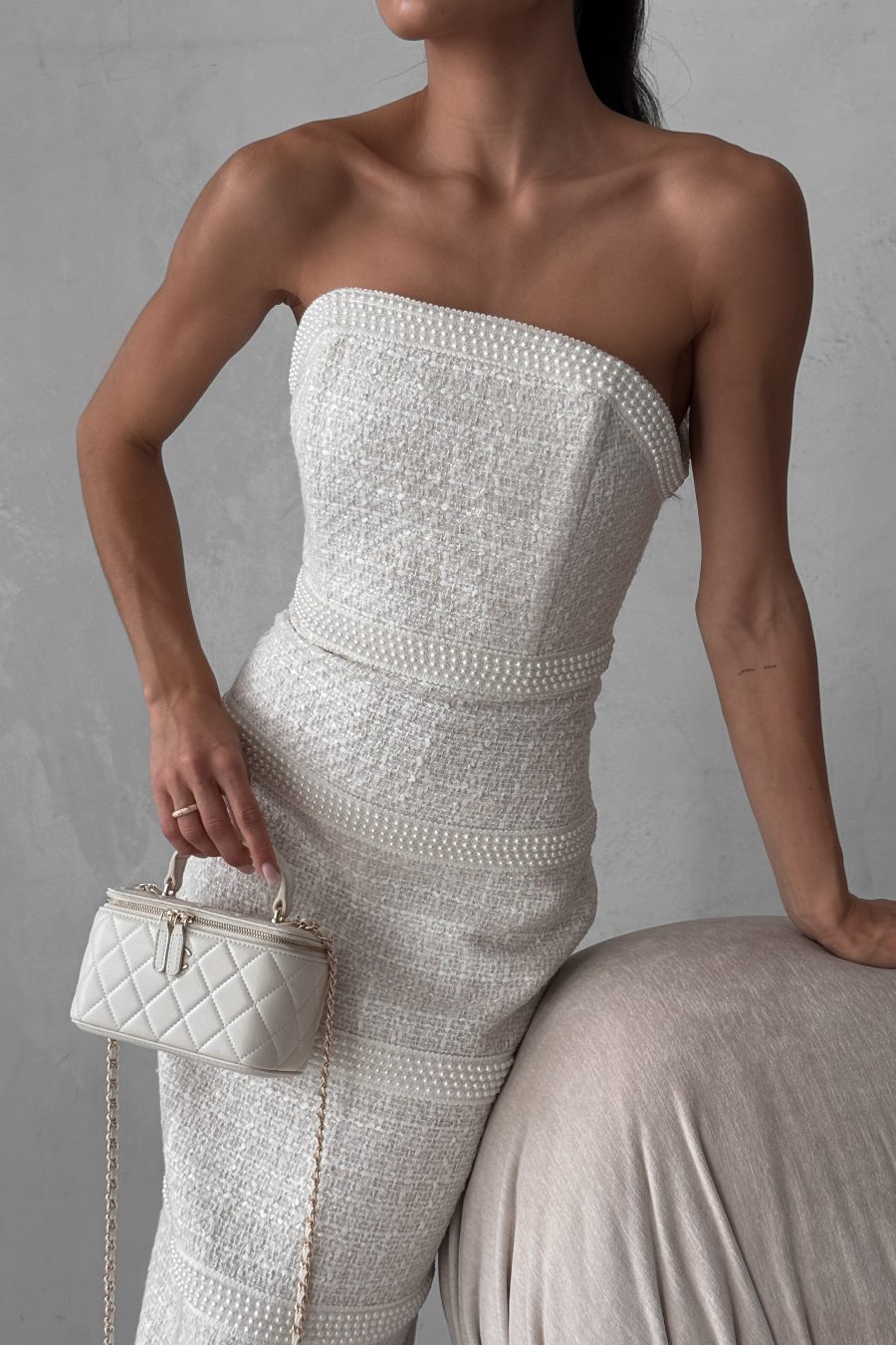 Tweed midi bustier dress with corset and pearl trim