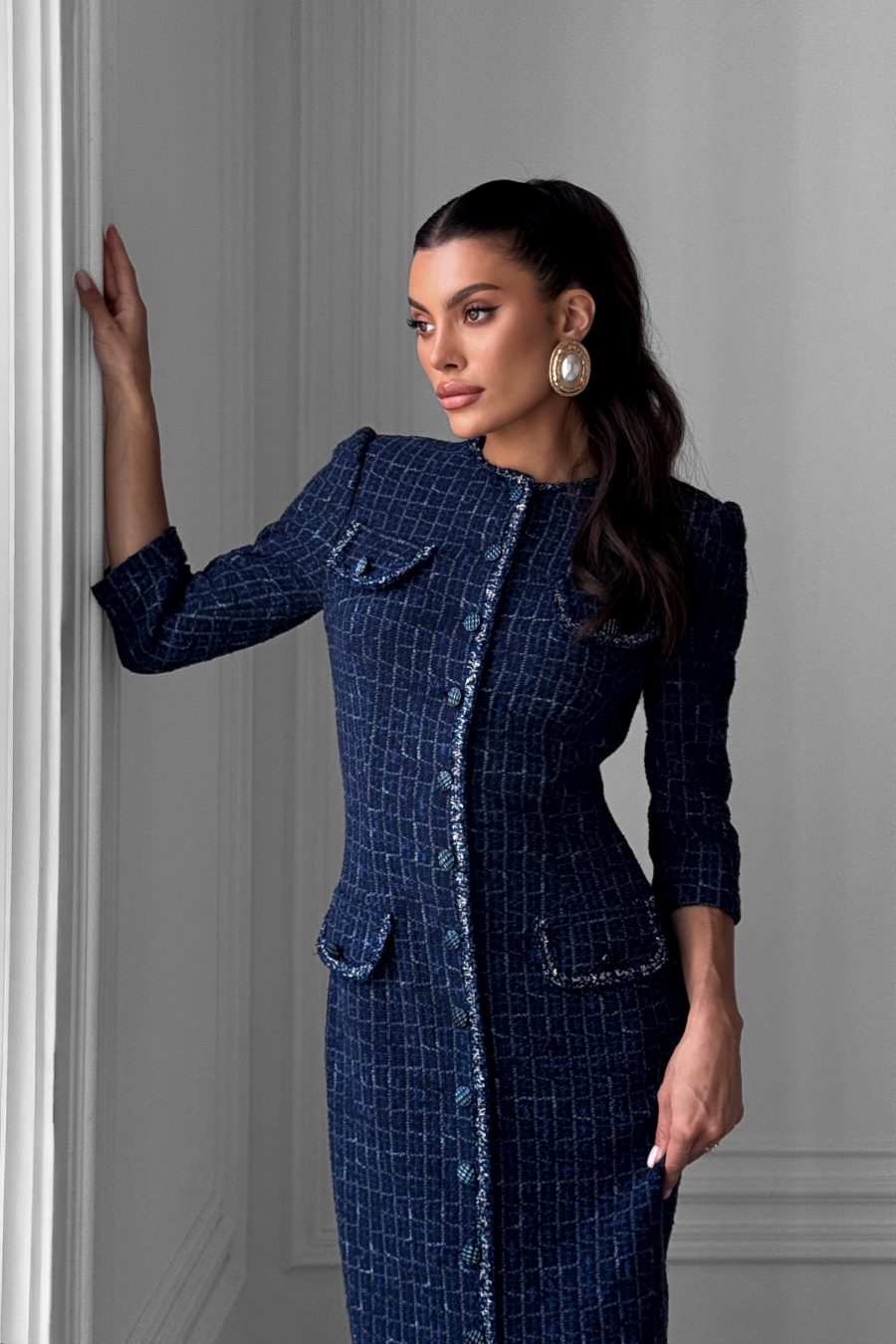 Italian tweed midi dress with button front fastening