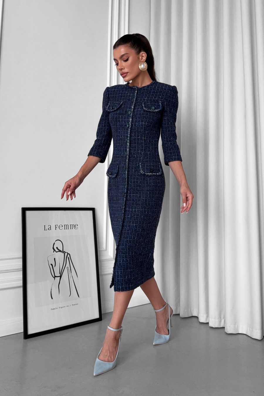 Italian tweed midi dress with button front fastening