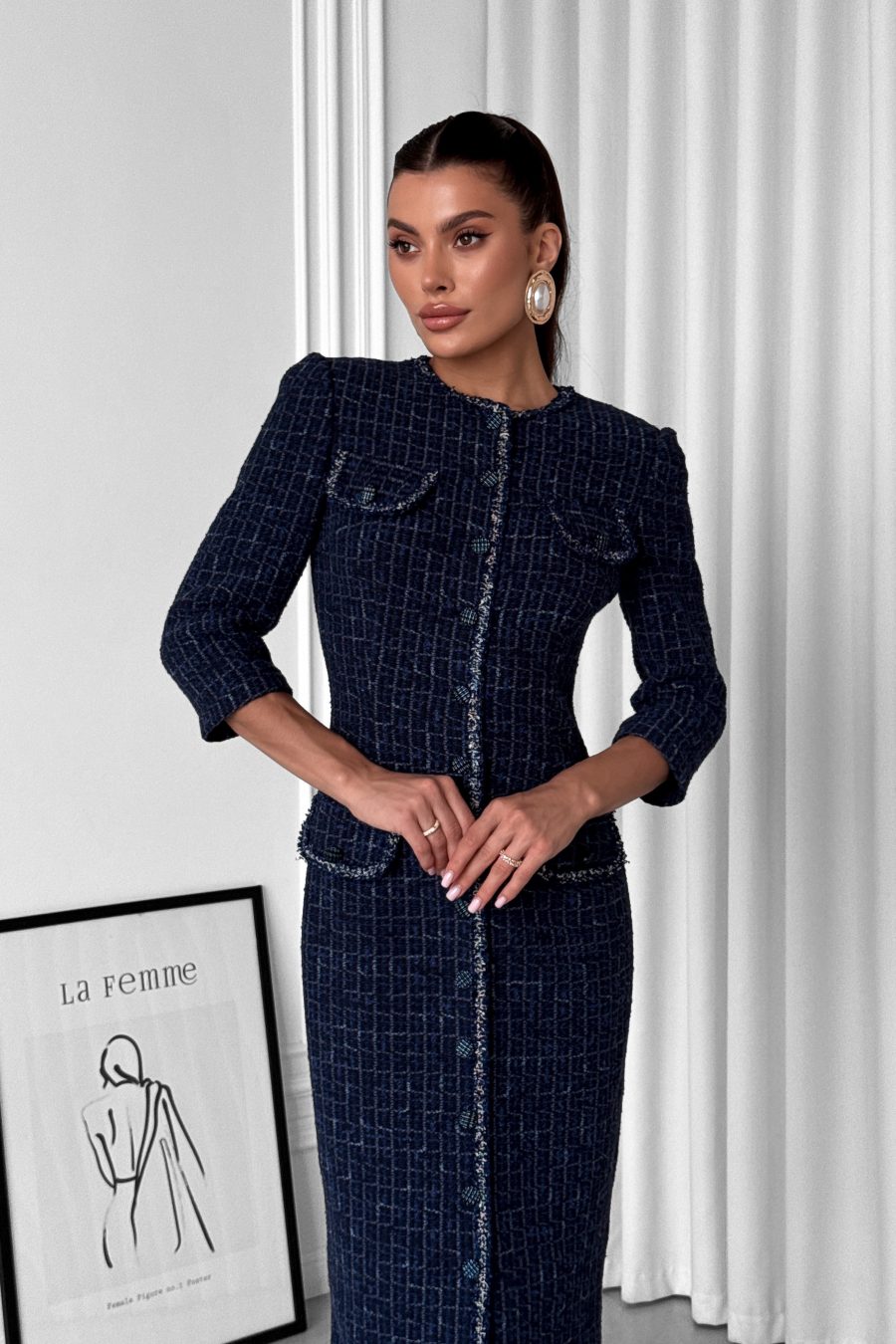 Italian tweed midi dress with button front fastening