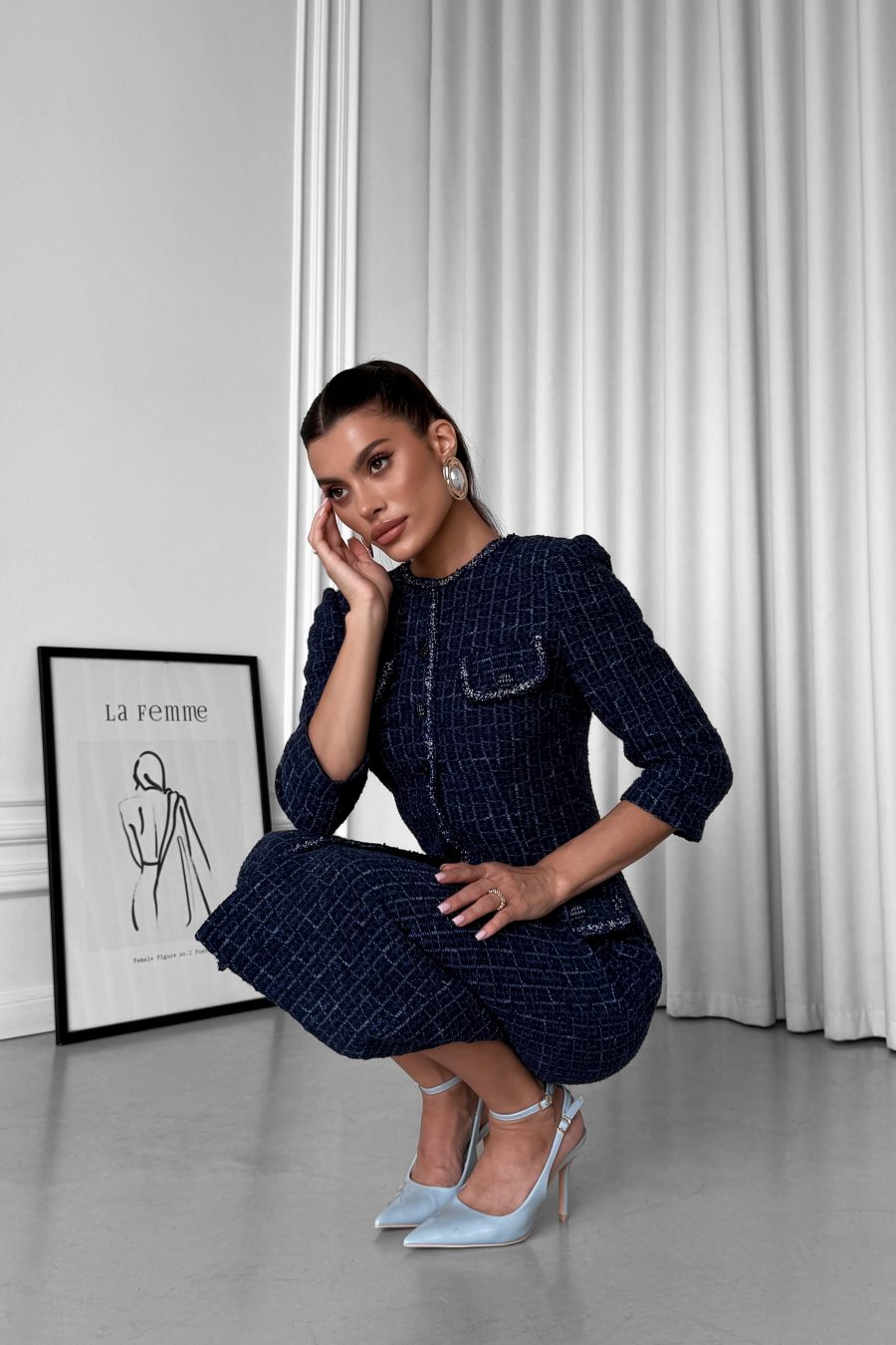 Italian tweed midi dress with button front fastening