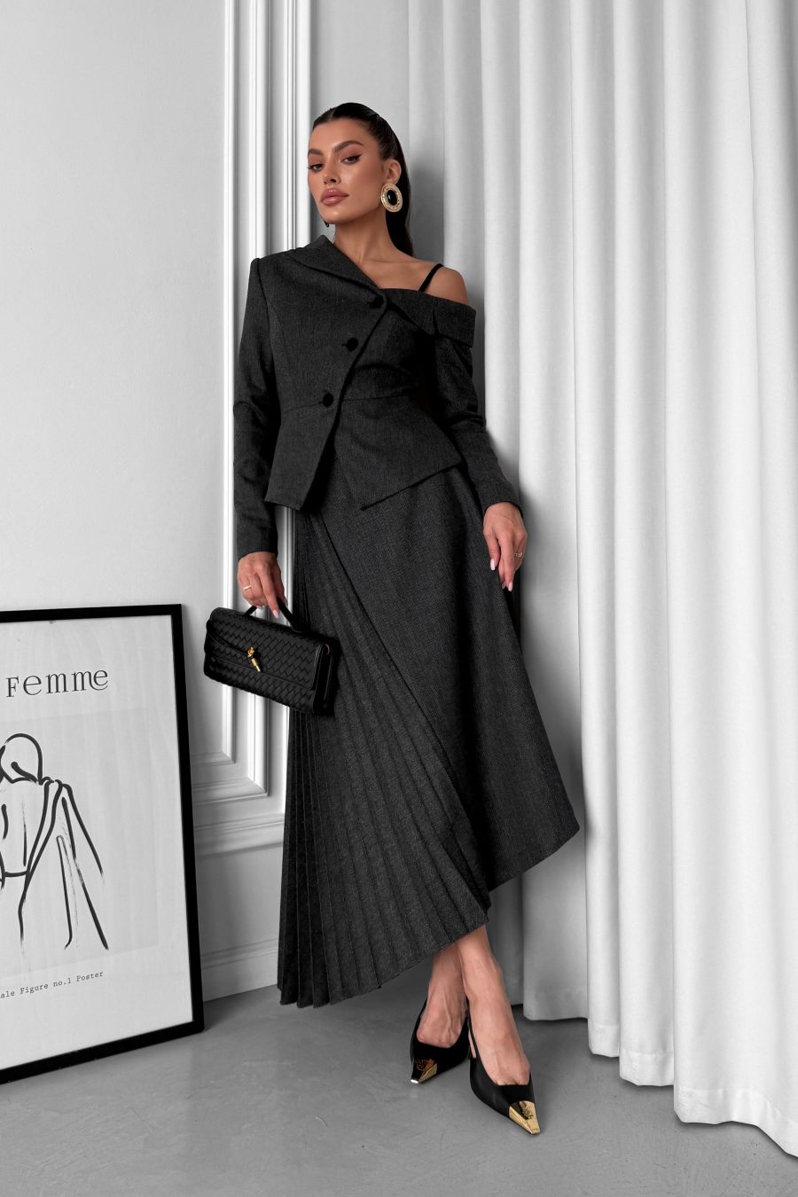 One-shoulder asymmetrical tweed herringbone jacket