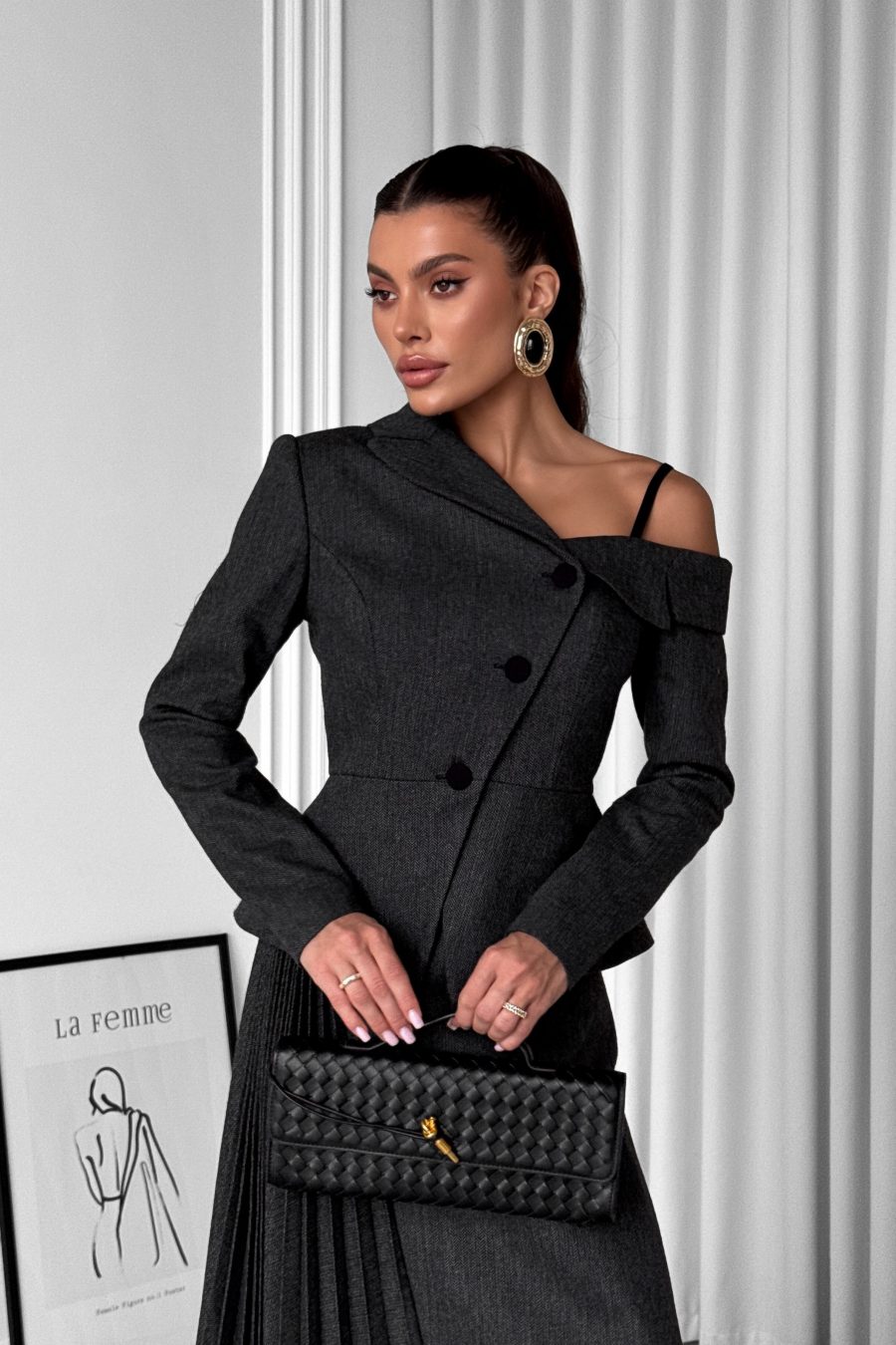 One-shoulder asymmetrical tweed herringbone jacket