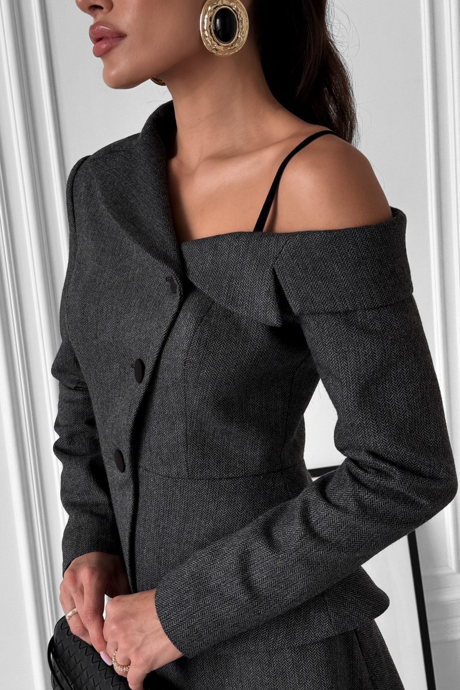 One-shoulder asymmetrical tweed herringbone jacket
