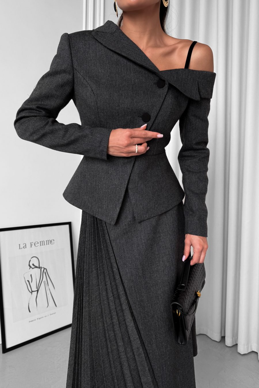 One-shoulder asymmetrical tweed herringbone jacket
