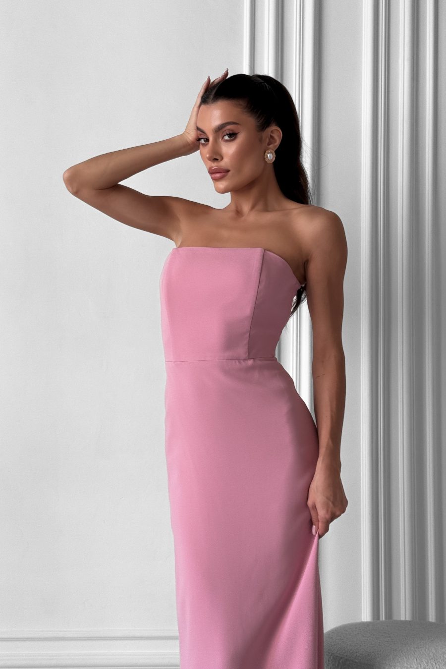 Evening long bustier dress with a corset made of Italian fabric